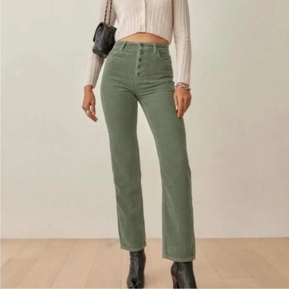 Reformation Cynthia Corduroy Pants Womens 24 Green High Rise Button Fly Straight